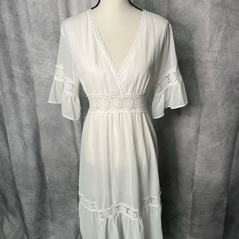 Women’s Short Sleeves Chiffon Semi-Sheer Sexy V Neck Flowy Casual Dress Boho - Picture 5 of 15